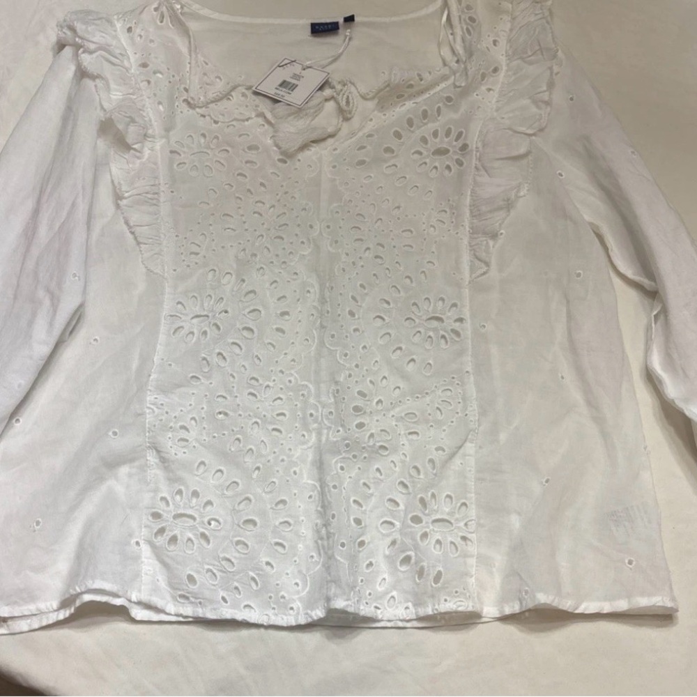 Kaari Blue White Eyelet Blouse with Ruffles NWT